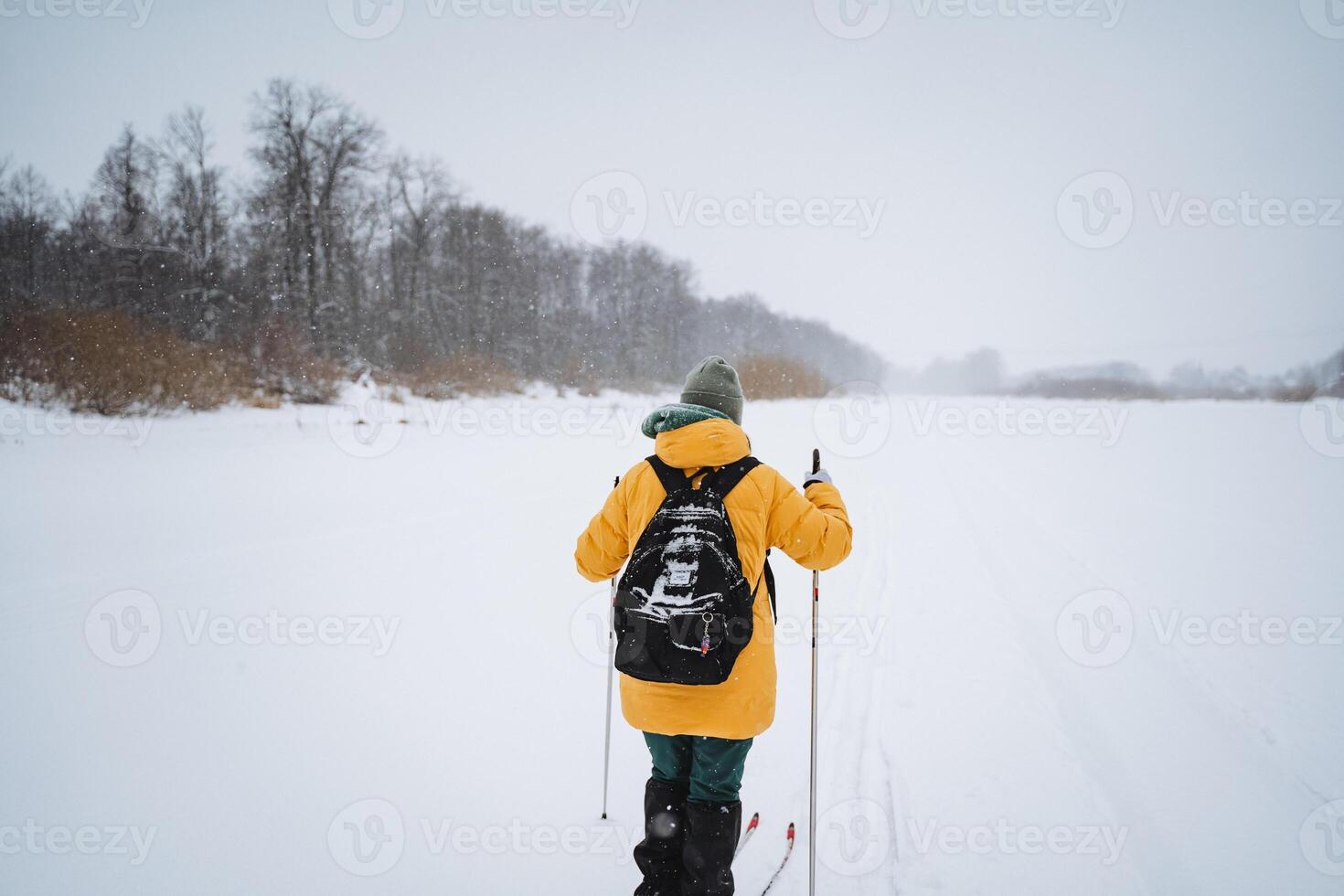 A person wearing a warm jacket and a backpack is actively cross country skiing across the pristine snow, enjoying the winter landscape around them on a beautiful, cold day photo