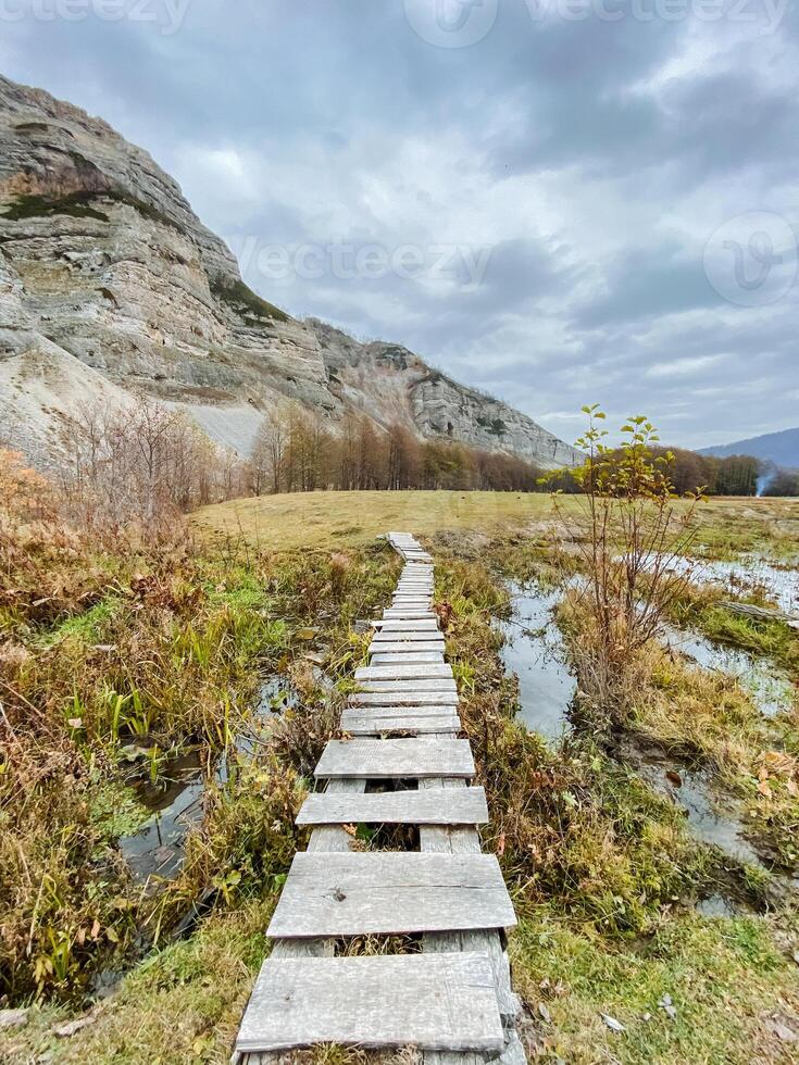 A wooden walkway winds through a tranquil swamp, offering breathtaking views of distant mountains that enchant visitors, inviting moments of reflection and connection with nature photo