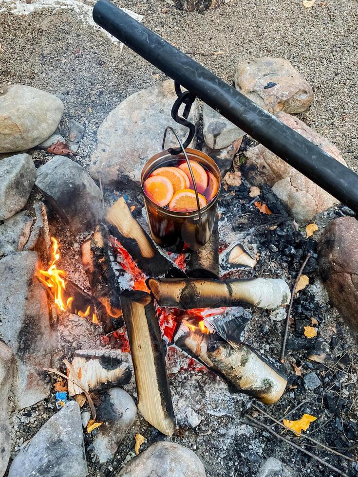 A pot filled with delicious food is currently cooking over a warm and crackling fire, allowing the meal to gain flavor and warmth with each passing moment. The flames dance and crackle photo