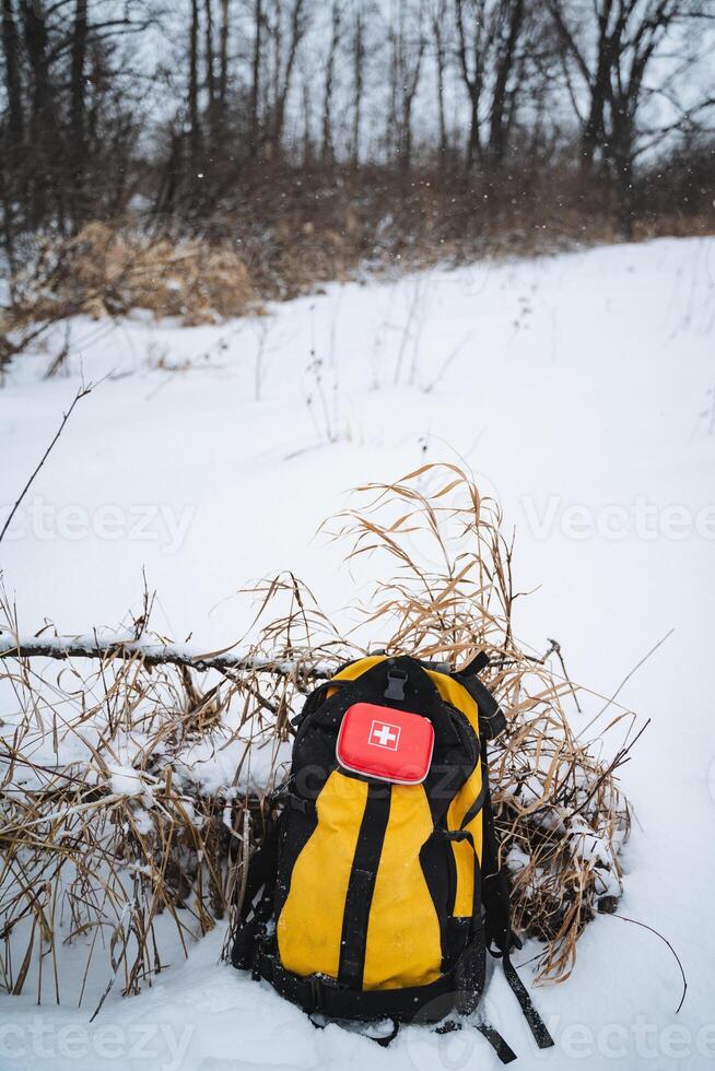 A yellow and black backpack is sitting alone in the cold, white snow, creating a striking contrast against the winter landscape as it rests quietly among the frosty surroundings photo