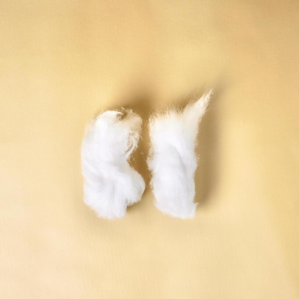 Two pieces of white soft fluffy cotton wool health care equipment object isolated on square brown cream colored background. photo