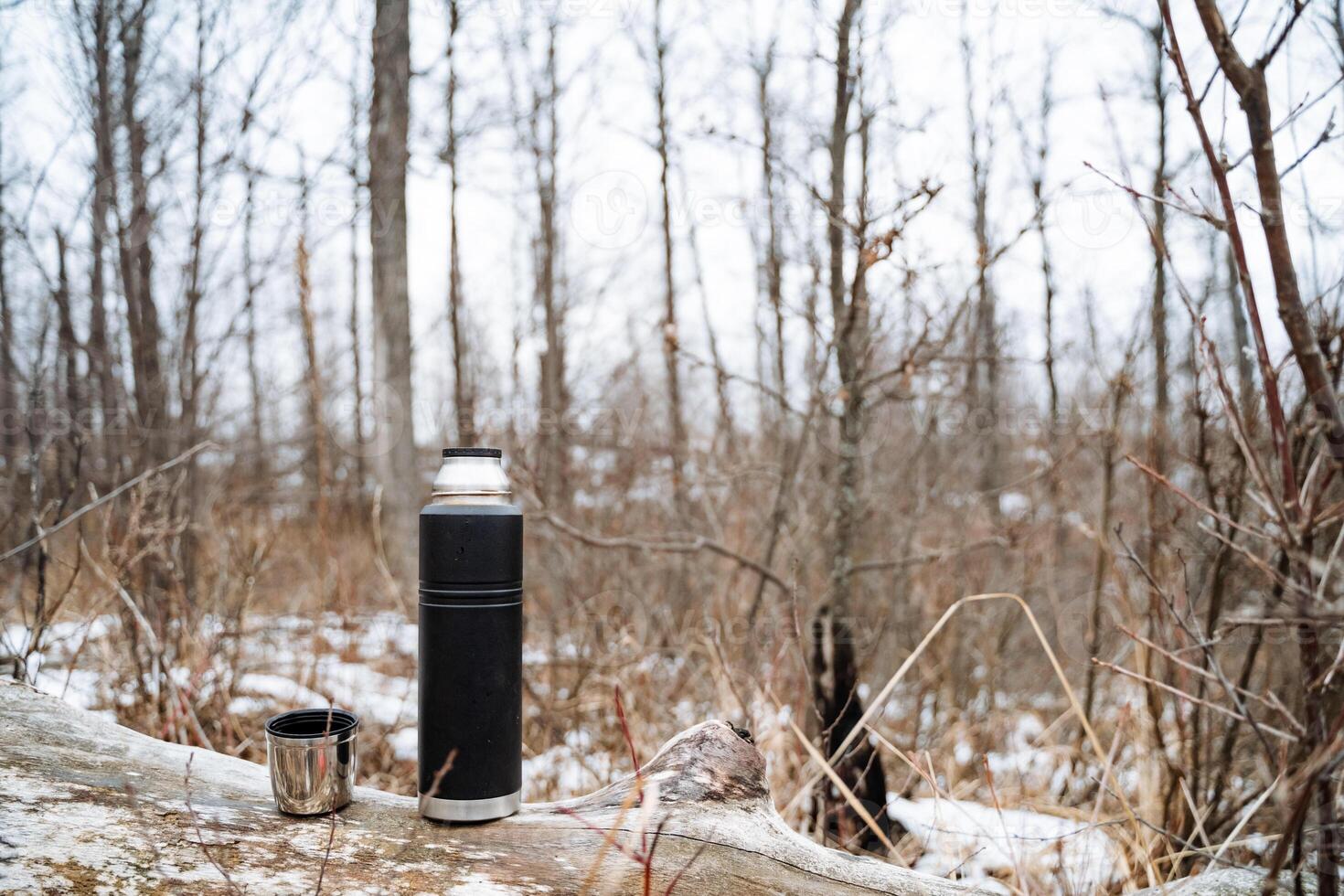 A thermos and a cup are sitting on a log in the woods photo