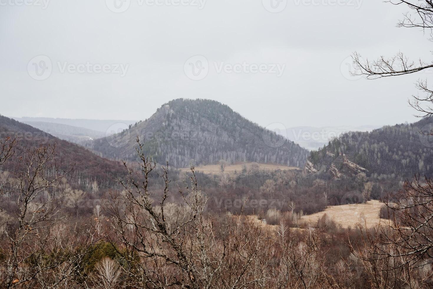 This picturesque view features a stunning mountain range where lush trees can be observed in the foreground, beautifully complementing the majestic mountains located in the background photo