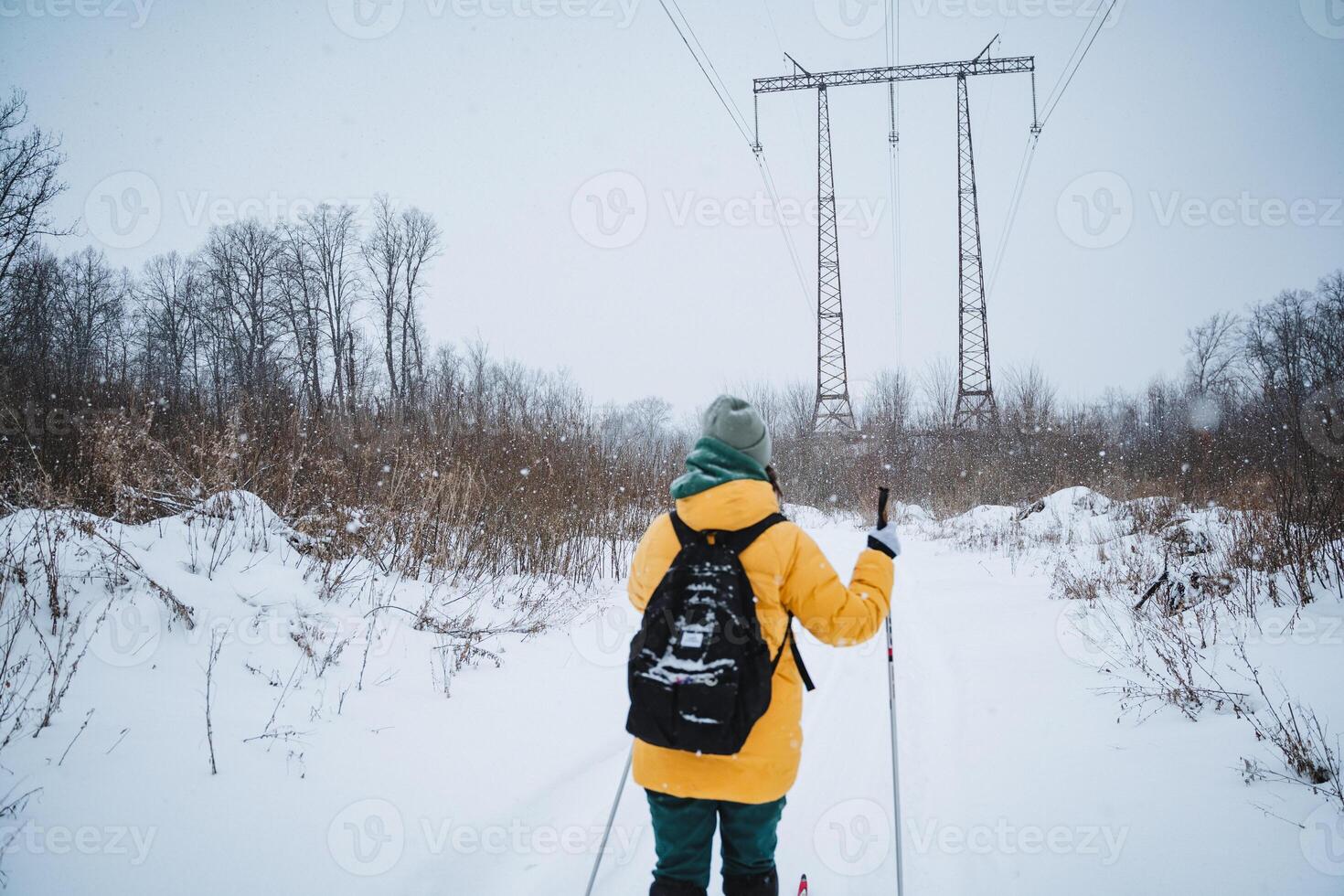 A person effortlessly skis gracefully through deep, thick snow while wearing a sturdy backpack, savoring and enjoying the stunning, beautiful winter landscape that surrounds them completely photo