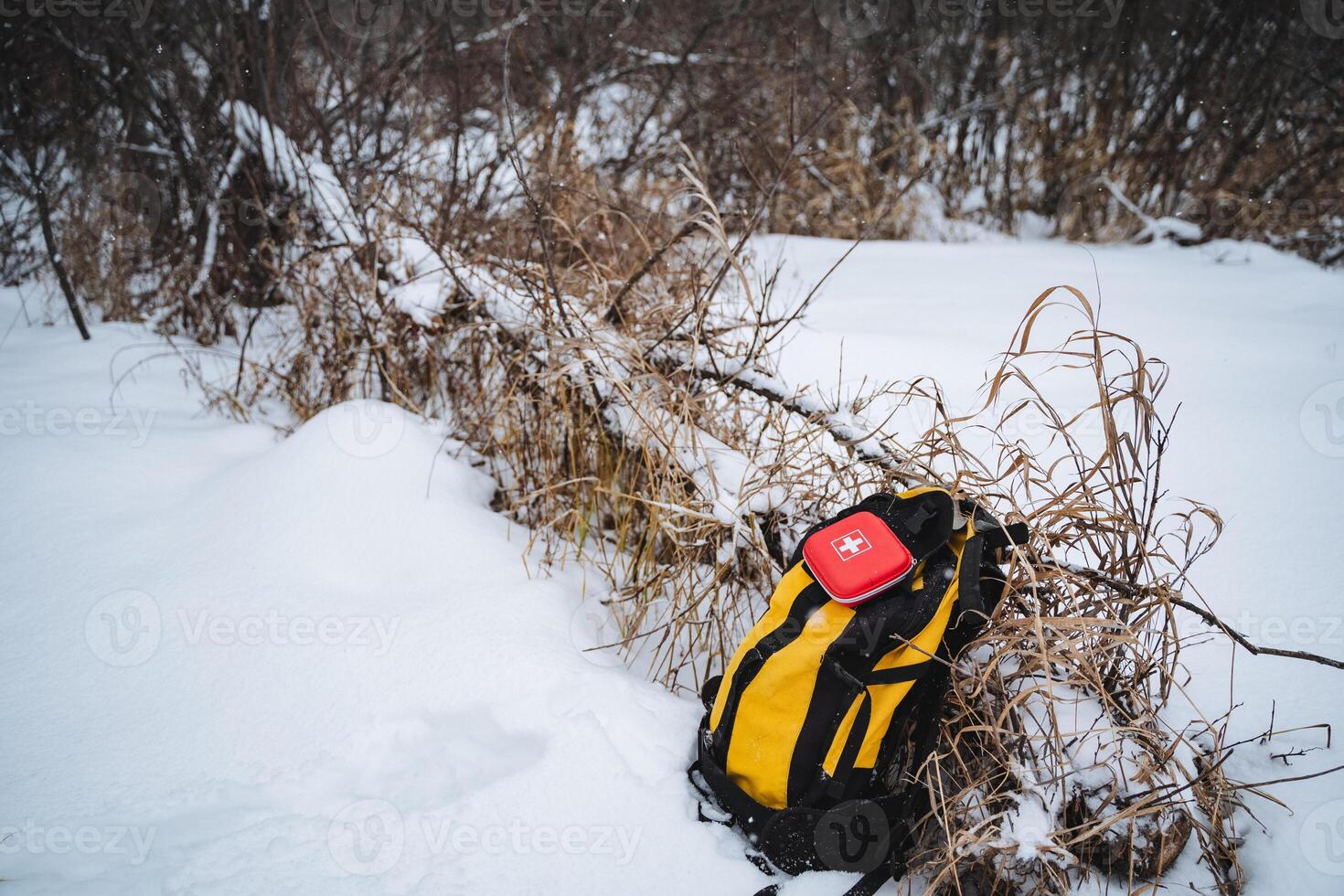 A vibrant yellow and black backpack is currently laying on the ground of the snowy landscape, contrasting beautifully with the white snow around it, creating a striking visual photo