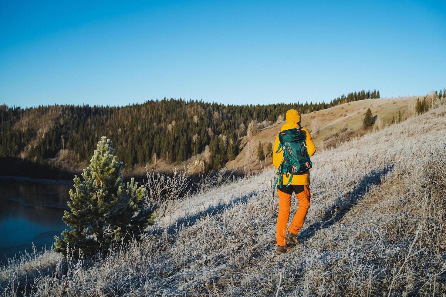 Hiking with a backpack in the mountains, tourist route, a man walking on frozen ground against the background of the forest, trekking on the hills, rear view of a hiker. photo