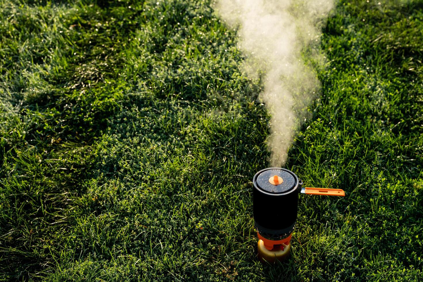 There is thick smoke billowing out from a pot placed in the middle of a vast open field, surrounded by lush green grass and various terrestrial plants, creating a striking visual event photo