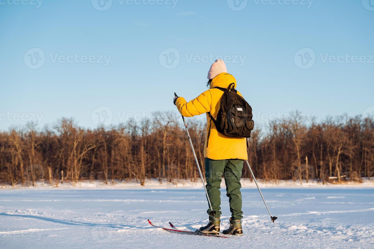 Woman on skis rolling on snow on the background of the forest, winter walk in the fresh air, training in the park. photo