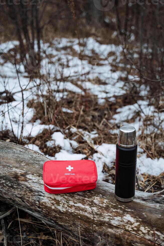 On a brisk, chilly snowy day in winter, a wellequipped first aid kit and a thermos filled with a warm beverage rest on a sturdy log, encircled by the serene beauty of the frozen landscape photo