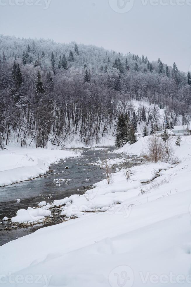 Imagine a beautiful river that gracefully flows through a serene, snowy forest, where majestic trees are blanketed in a thick layer of snow, creating a breathtaking winter landscape photo