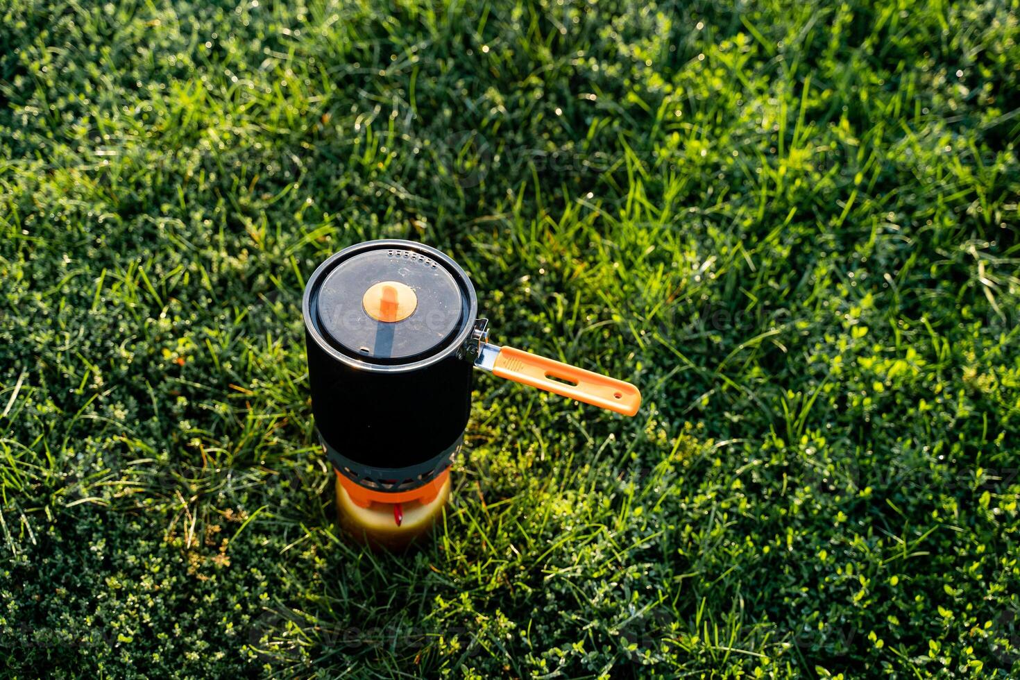 In this incredibly serene setting, vibrant and lush greenery envelops a charming pot placed on a stove, significantly enhancing the captivating beauty of the overall landscape photo