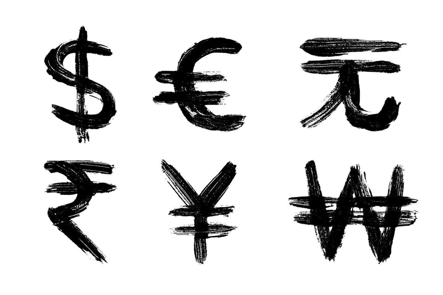 Hand drawn multiple currencies symbol set Dollar euro yuan yen won rupee 1 vector