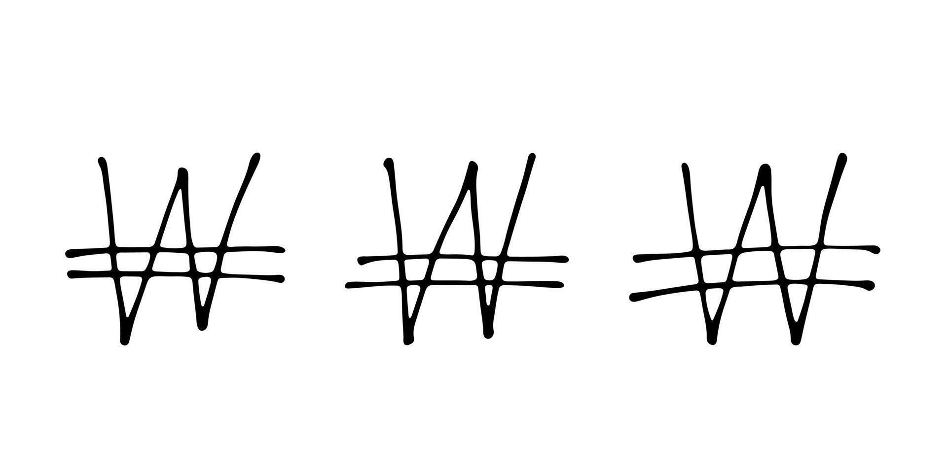 Hand drawn won currency symbol set Brush stroke doodle Single element for design 1 vector