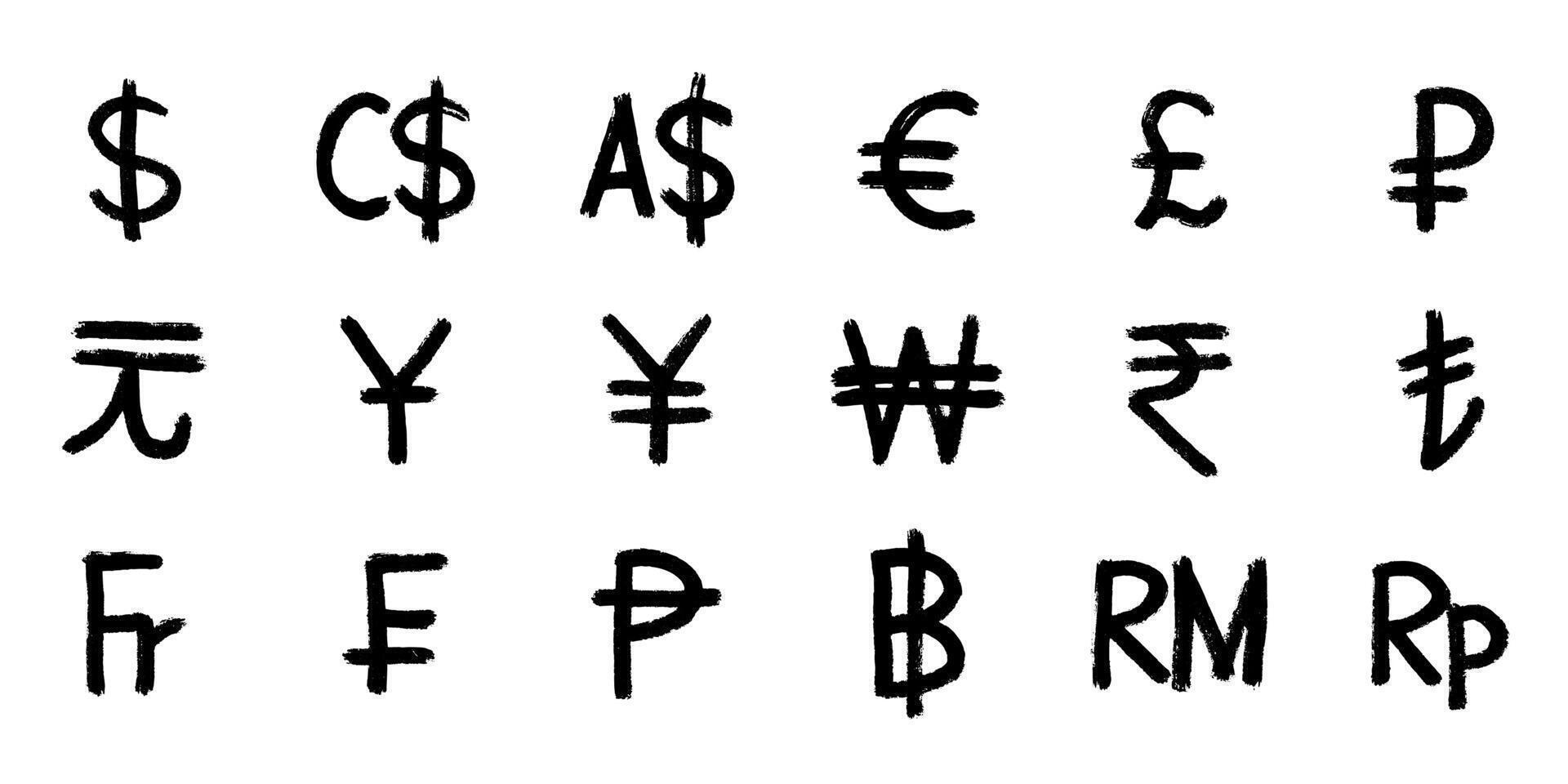 Hand drawn currency symbol set Dollar euro pound ruble yuan yen won rupee lira franc peseta baht ringgit rupiah 1 vector