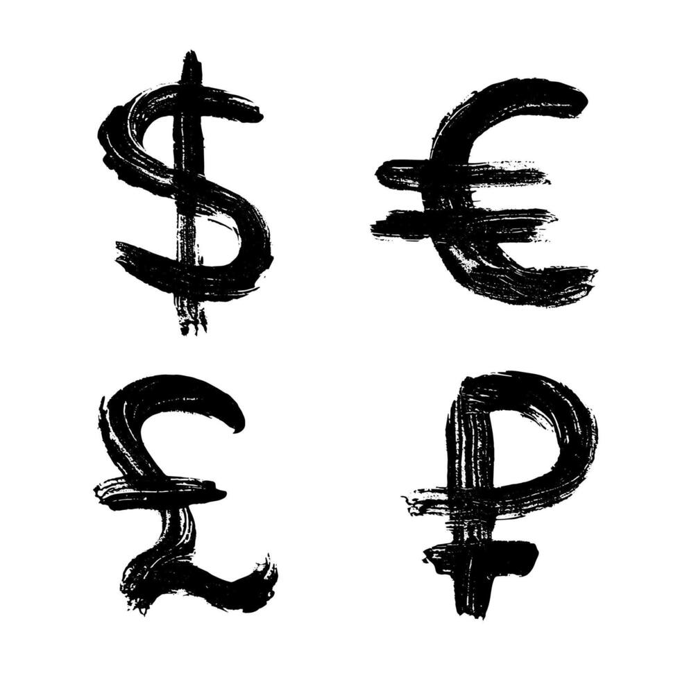 Hand drawn multiple currencies symbol set Dollar euro pound ruble 1 vector