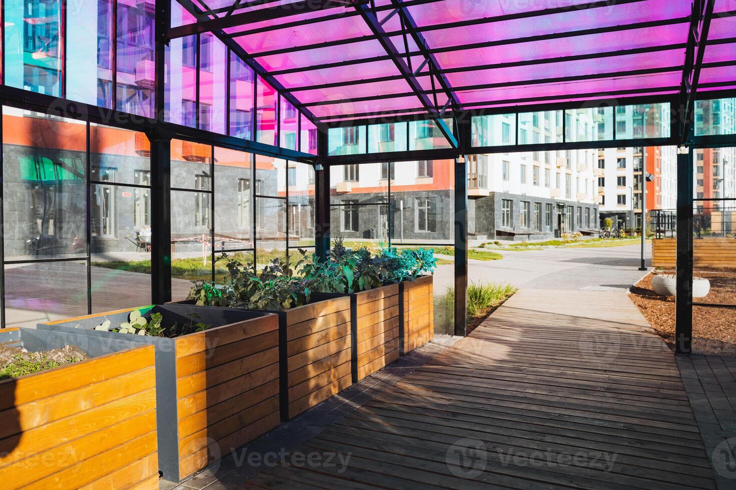 The contemporary urban garden structure features a vibrant and colorful canopy, adding beauty and a touch of nature to the cityscape photo