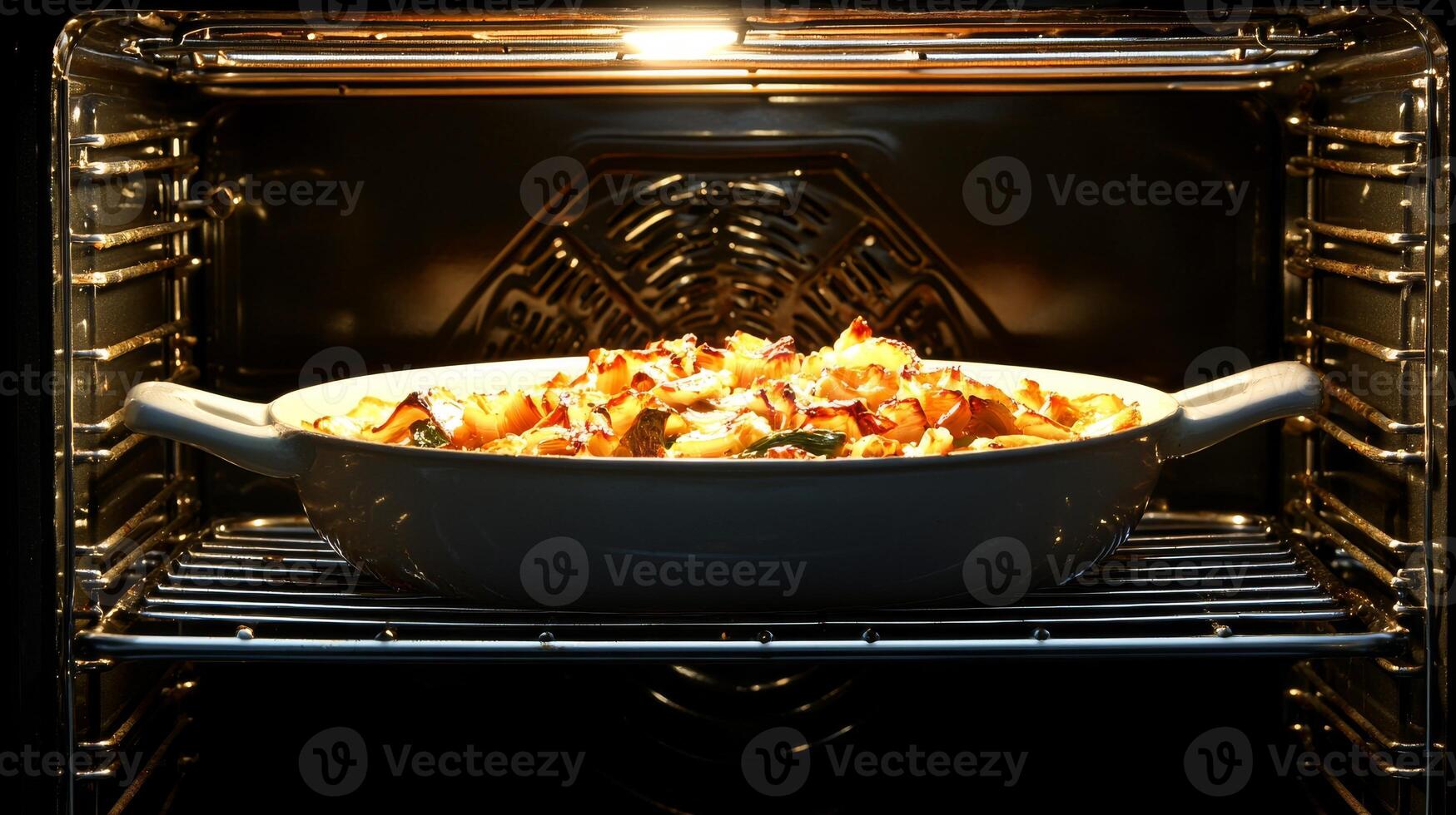 Golden Casserole Dish Baking in Oven with Bubbly Cheese and Herbs photo