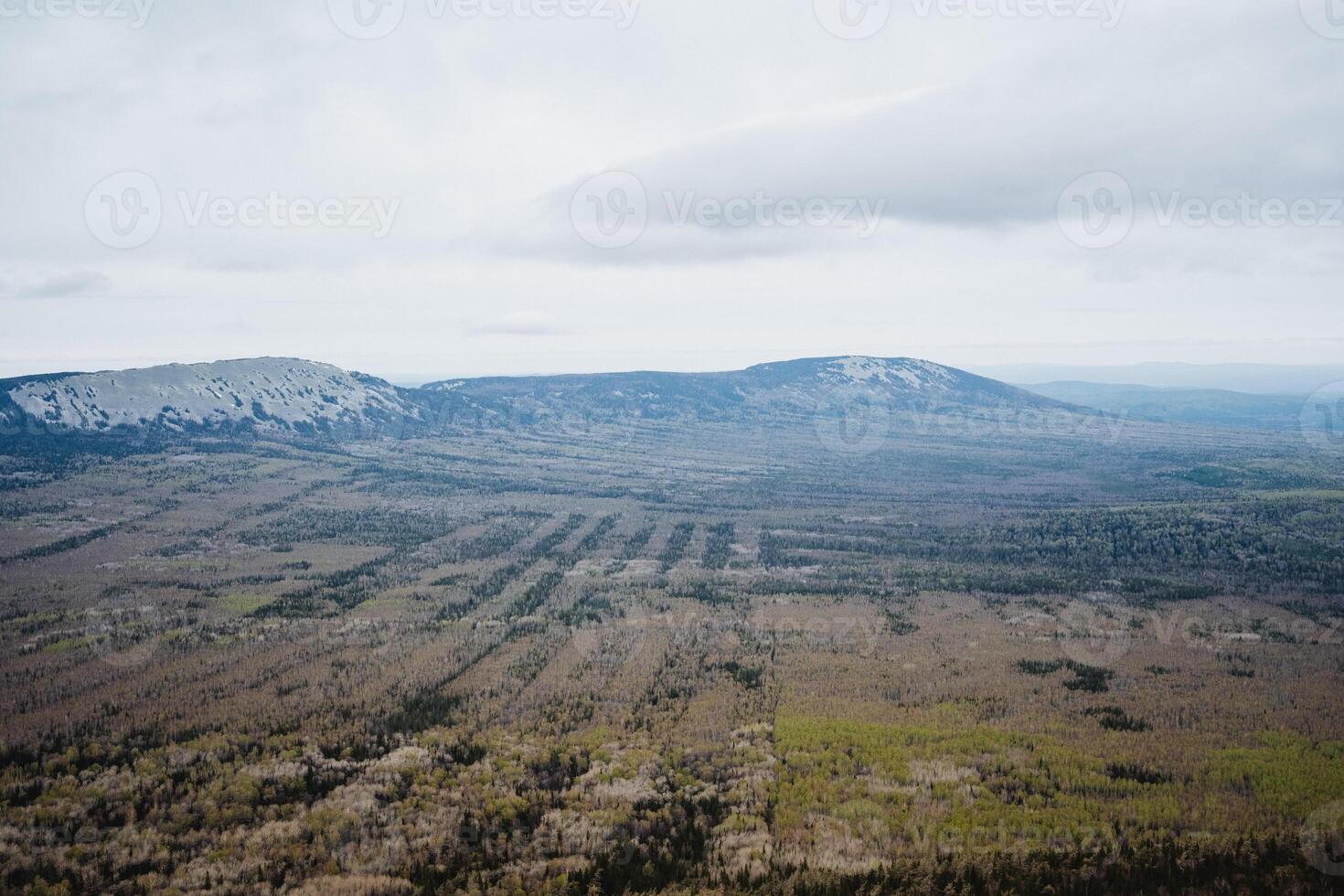 Aerial view of green valley with mountains in background photo
