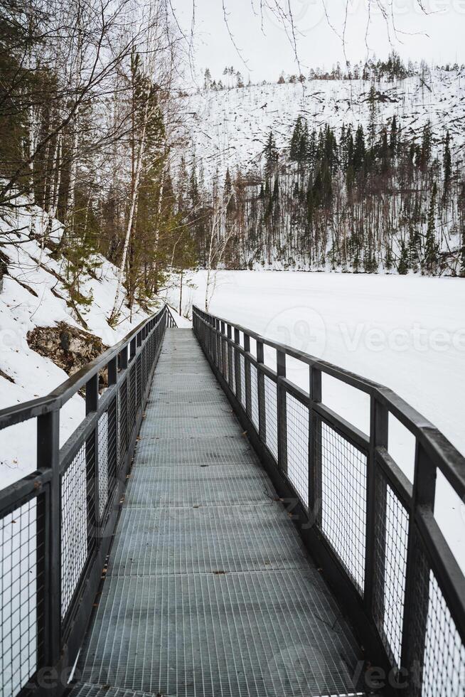 Snowcovered bridge over frozen lake in blackandwhite woods photo