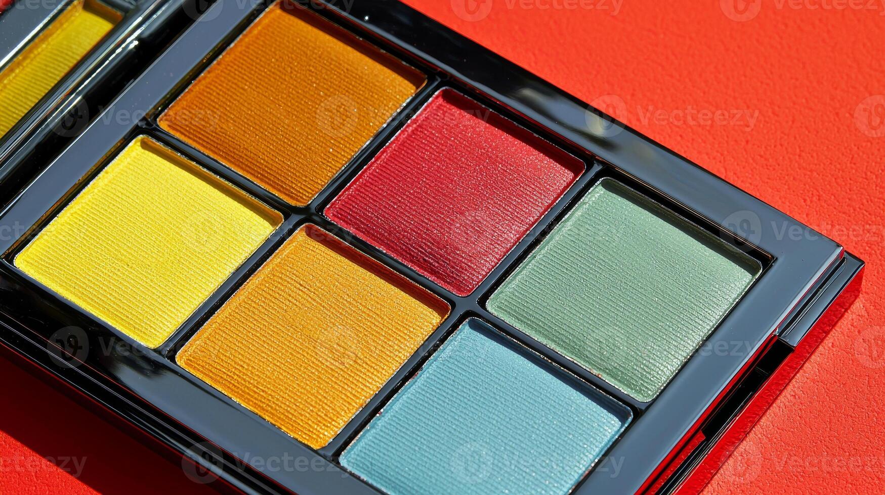 Vibrant Makeup Palette with Bold Primary and Secondary Colors on Red Background photo