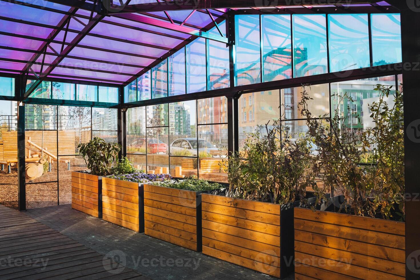 Imagine a charming greenhouse complete with a beautifully vibrant roof that showcases a rainbow of colors, complemented by decorative wooden planters inside, enhancing the overall aesthetic photo