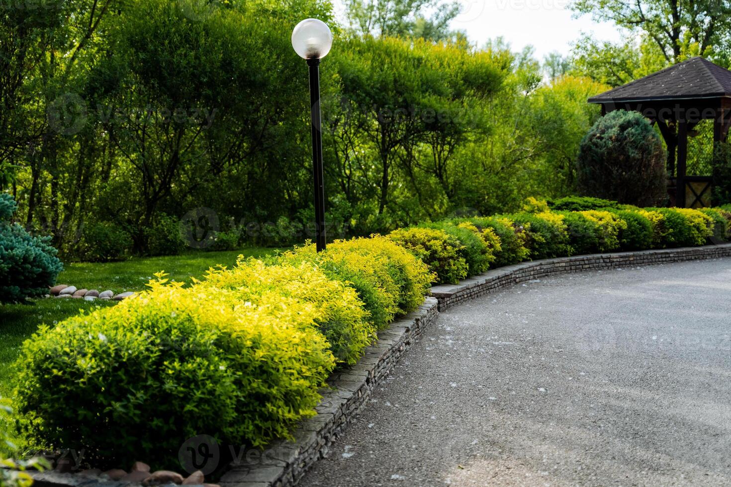 A beautiful, verdant park featuring a charming gazebo in the distance, surrounded by plants, trees, and a tranquil atmosphere, perfect for nature enthusiasts to appreciate photo