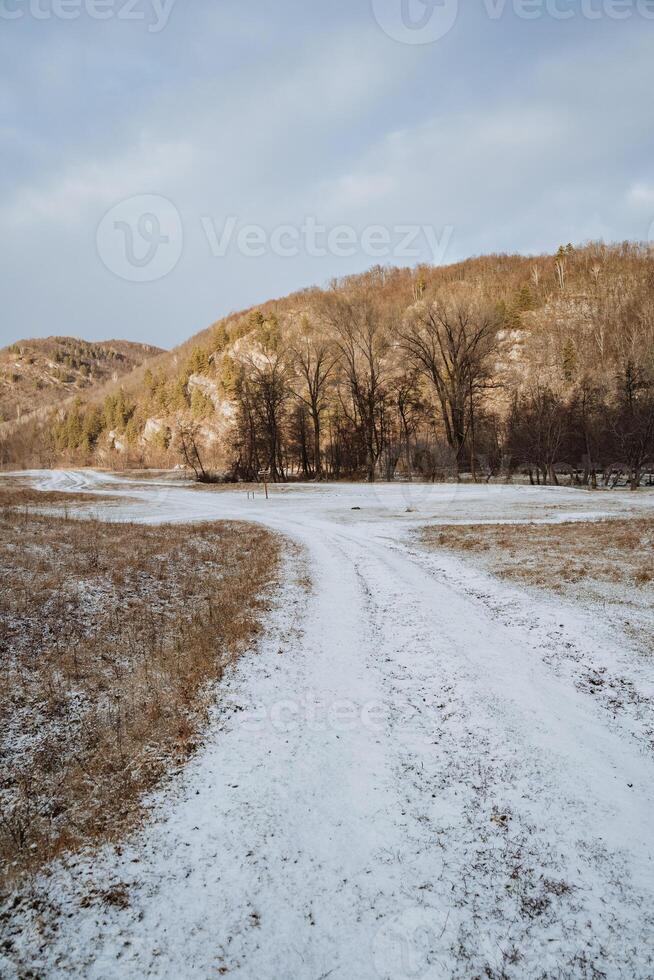 Experience the serene winter trail that meanders through a stunning snowcovered landscape, perfect for a peaceful outdoor adventure photo