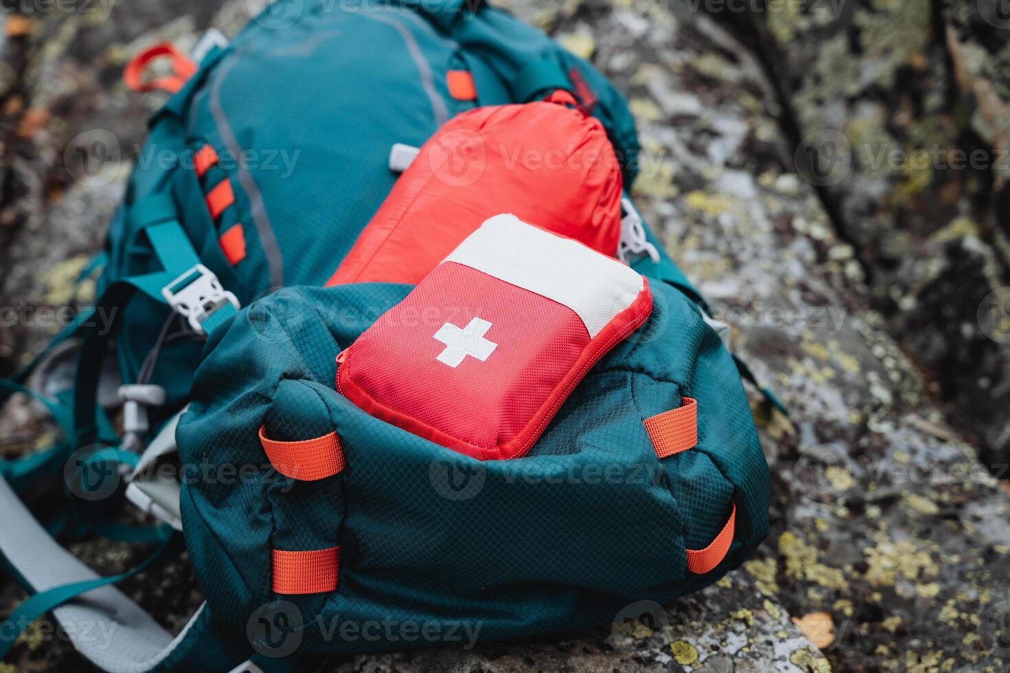 First aid kit close-up, hiker's kit, hiking first aid kit. Trekking equipment. photo