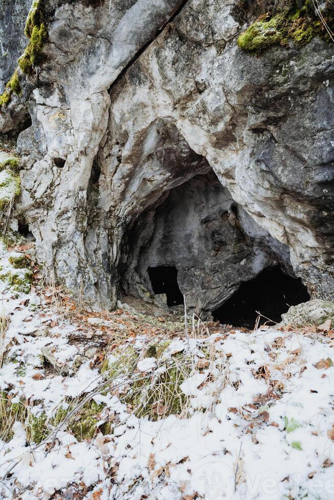 A cave is beautifully surrounded by a thick blanket of soft white snow alongside colorful fallen leaves, creating an incredibly picturesque and serene natural scene for all to enjoy photo