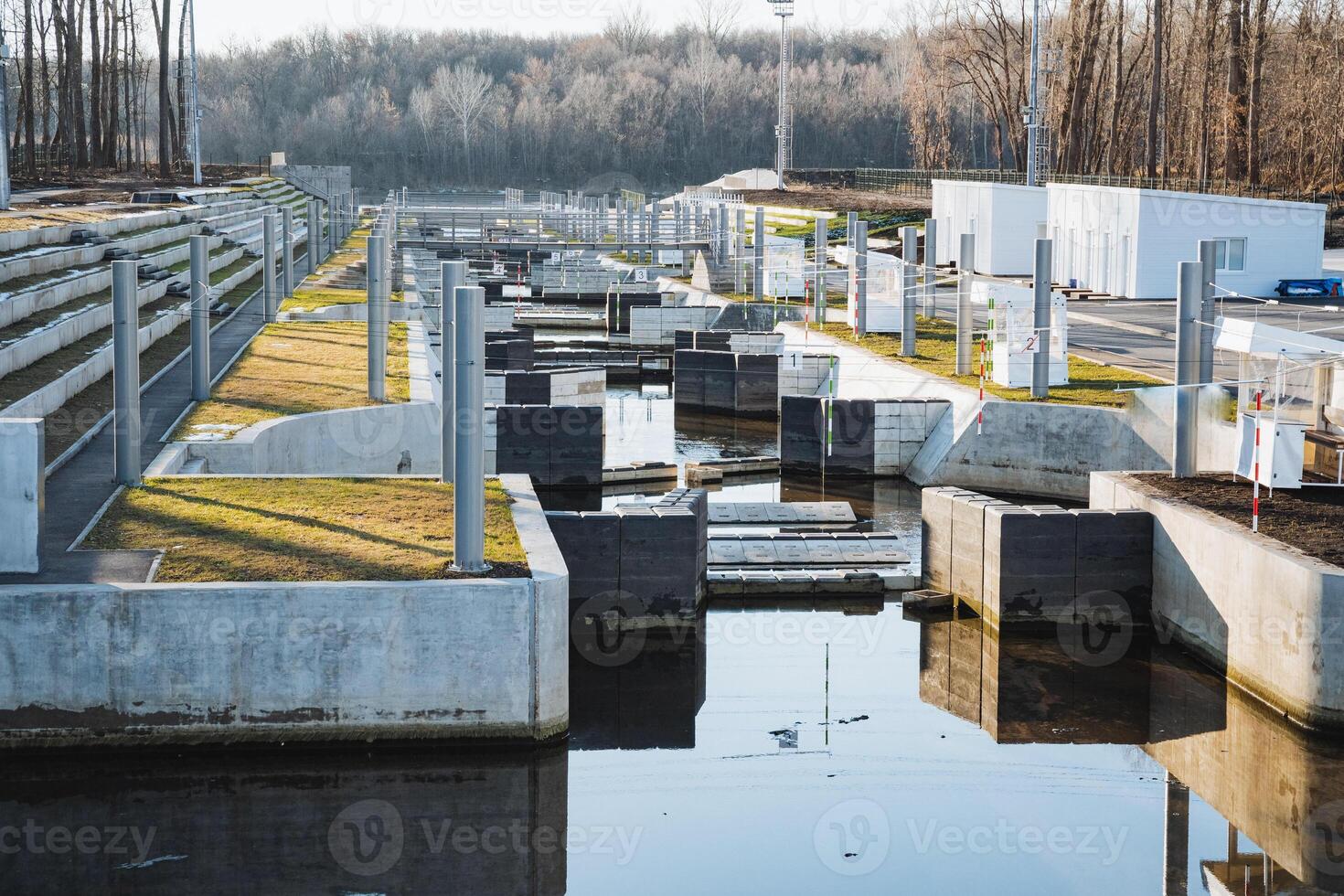 A vast expanse of water showcases an intricate system of numerous locks, which facilitate the movement and control of various boats and ships, exemplifying remarkable engineering prowess photo