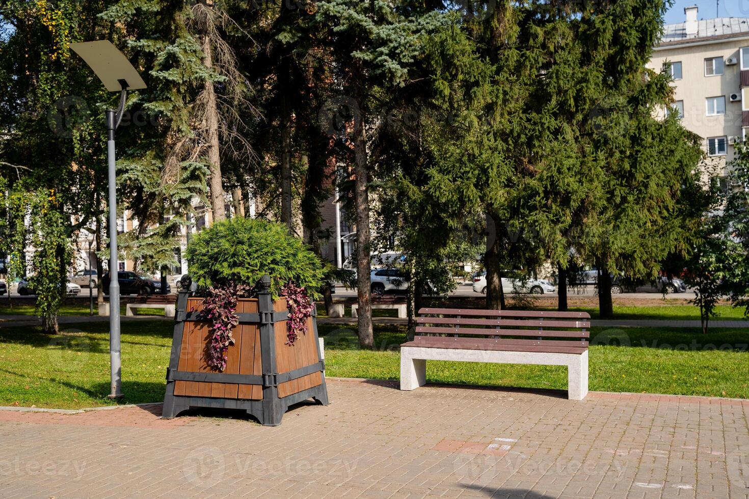 There is a beautiful park that features a comfortable bench placed thoughtfully in the center, surrounded by a lovely planter filled with vibrant plants, providing a serene atmosphere photo