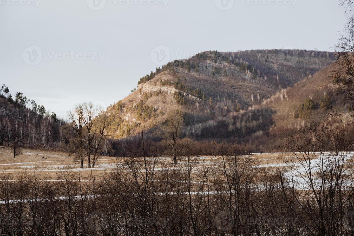 In the background, there is a majestic mountain soaring high, while in the foreground, a serene river flows gracefully. It creates a beautiful harmony with the natural landscape photo
