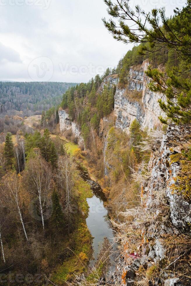 A serene river runs gracefully through a picturesque valley that lies nestled between two towering cliffs, all of which are beautifully surrounded by lush green trees and vibrant plants photo
