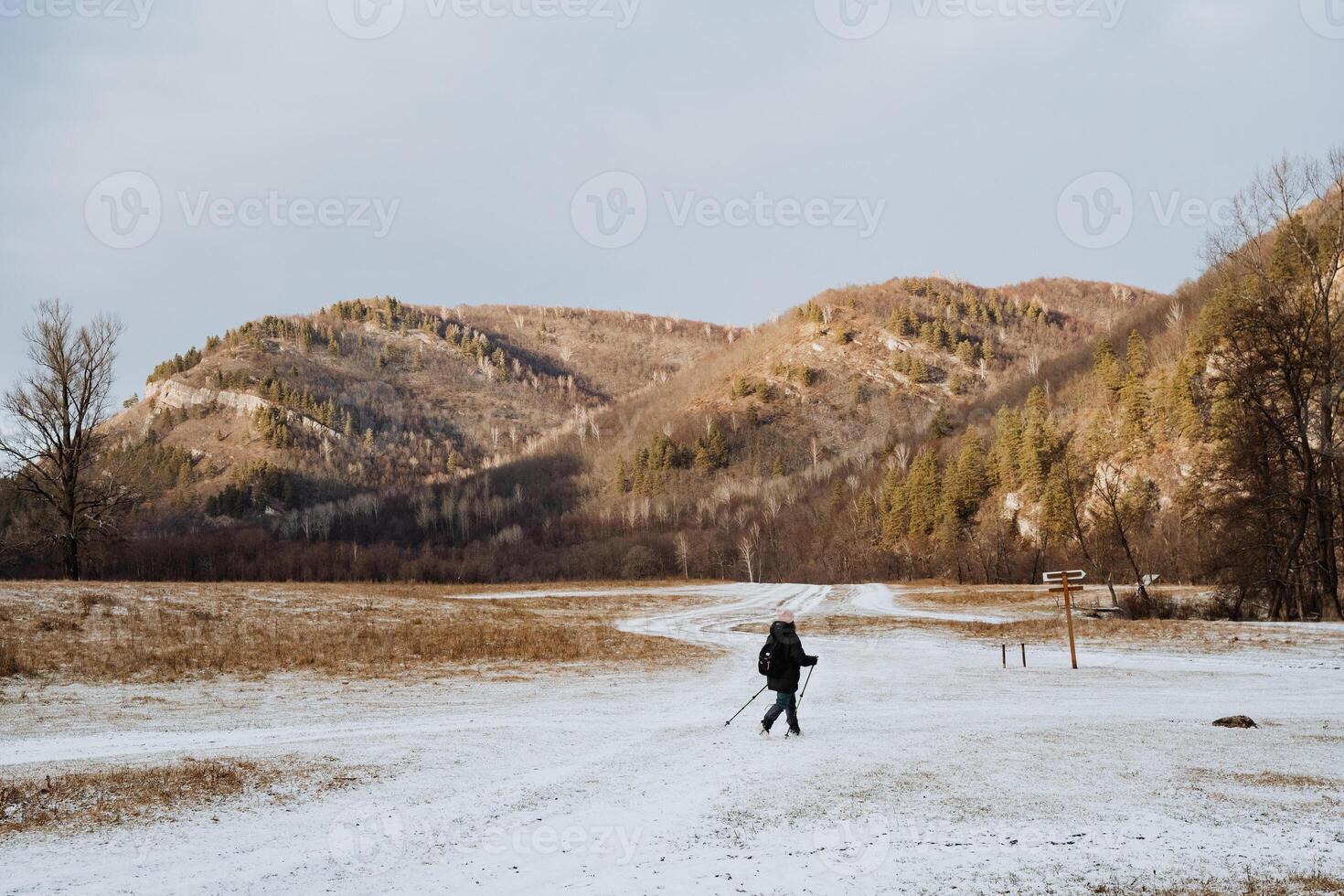 A person is leisurely walking through a beautiful snowy field while majestic mountains can be seen in the distant background, creating a picturesque winter landscape all around them photo