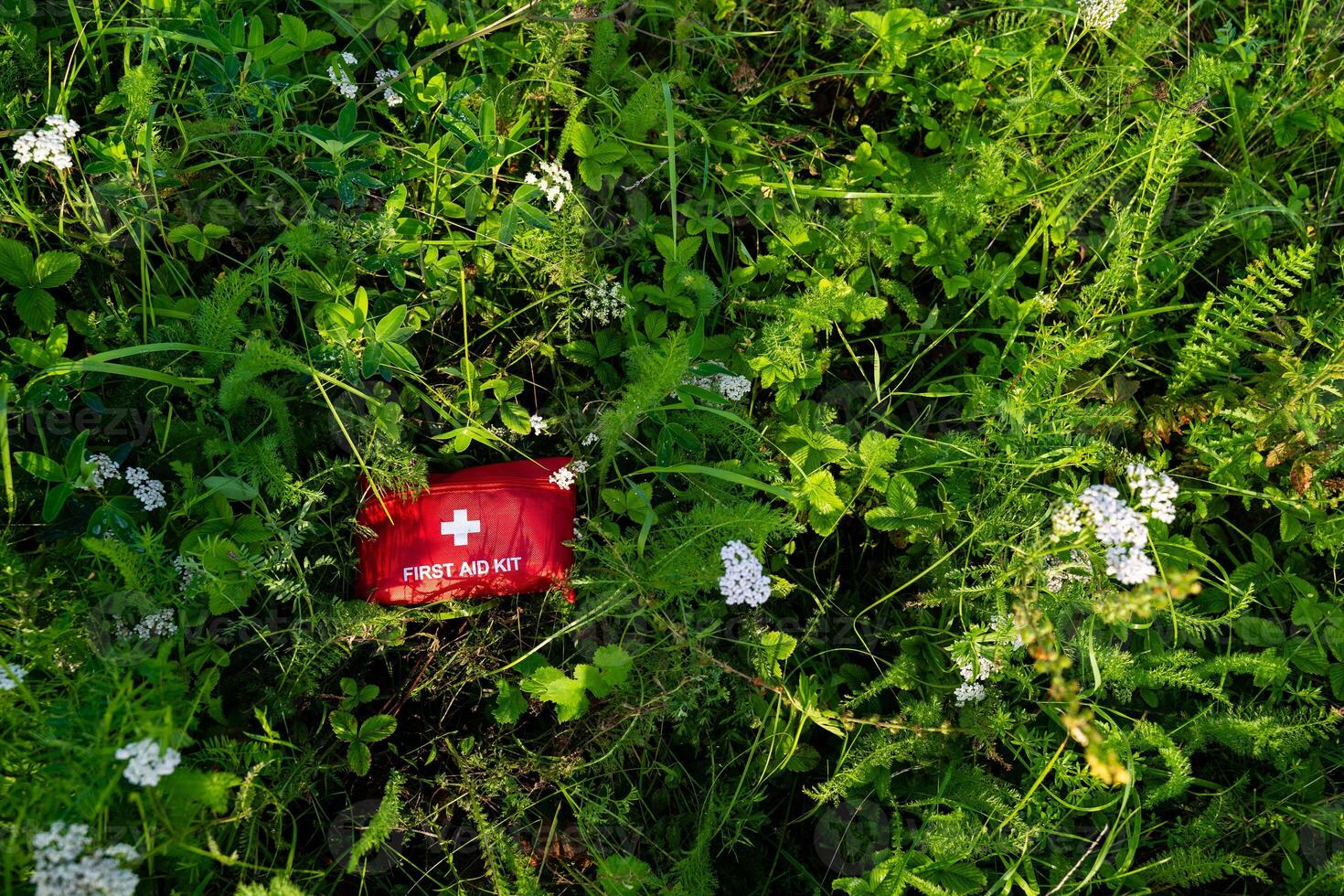 A bright red first aid kit is currently resting on the lush green grass, adding a pop of color to the landscape, making it easily visible in case of an emergency situation nearby photo