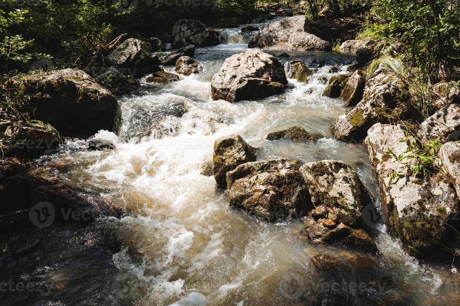 A scenic view of a river meandering through a vibrant green forest, flanked by rocks, depicts the beauty of natures fluvial landforms and terrestrial plants in a tranquil landscape photo