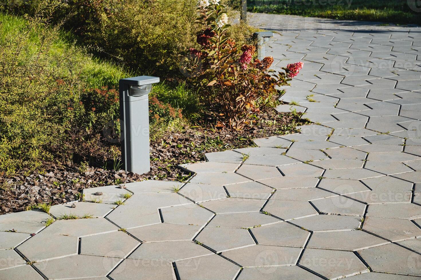 There is a charming brick walkway featuring a tall lamp post right in the center of it, providing illumination and creating a lovely atmosphere for visitors walking through the area photo