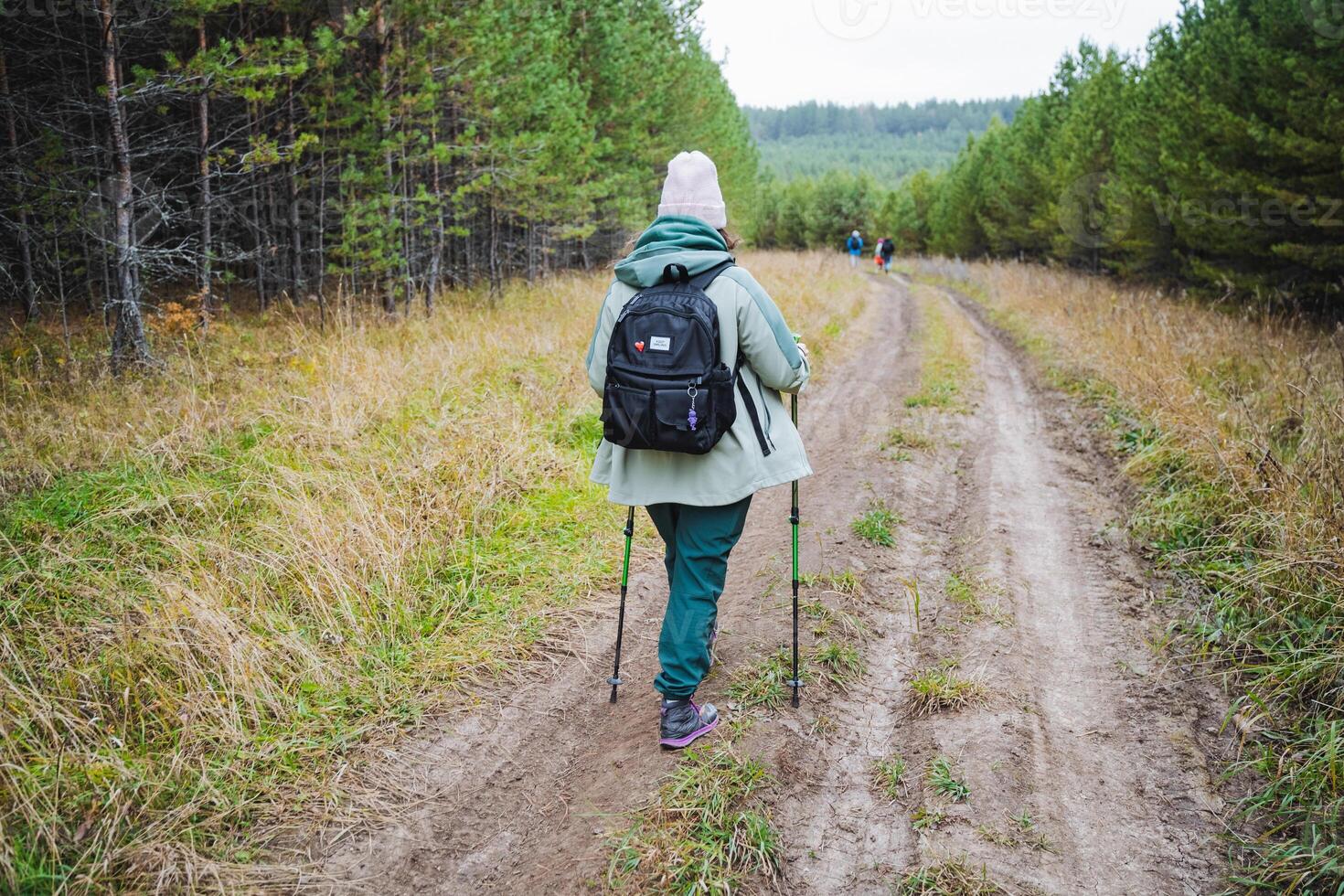 A woman is carrying a backpack and using walking poles as she makes her way down a dirt road that stretches through a picturesque natural landscape with trees and grass on either side photo