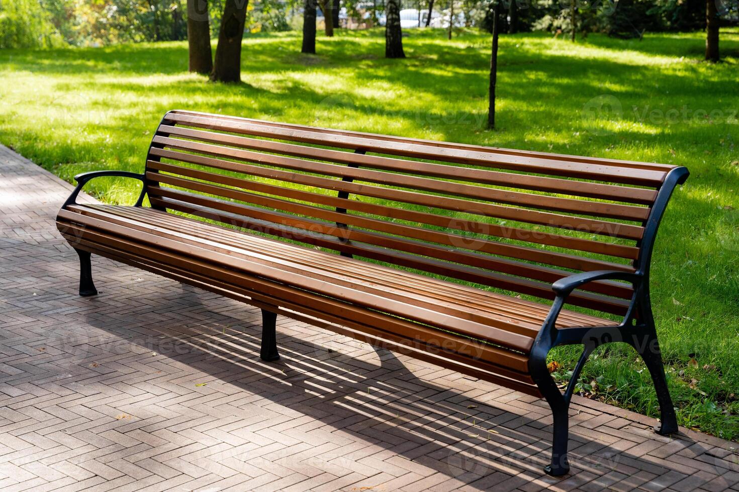 A long, sturdy wooden bench is situated in a beautiful park, surrounded by lush green trees in the background, creating a peaceful outdoor setting for relaxation and enjoyment photo