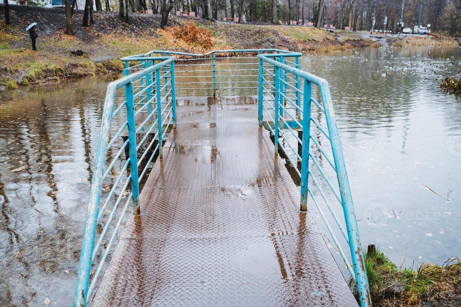 On a rainy day, there is a bridge that spans over a tranquil body of water, creating a peaceful natural landscape that beautifully combines various elements of nature and leisure photo