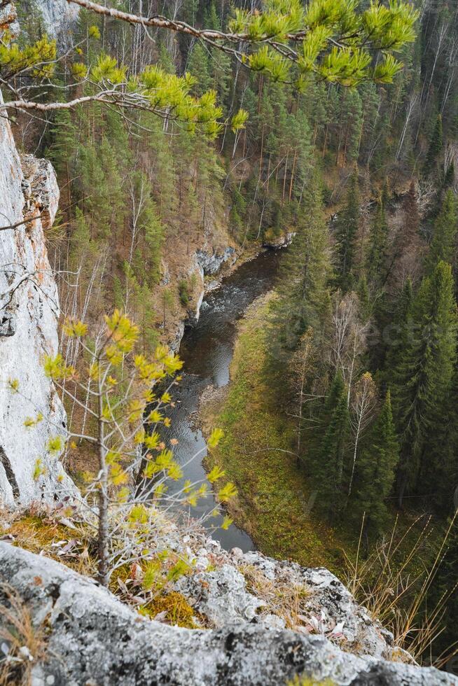 There is a beautiful river flowing gracefully through a stunning canyon, which is surrounded by lush trees and rugged rocks that create a breathtaking natural environment photo