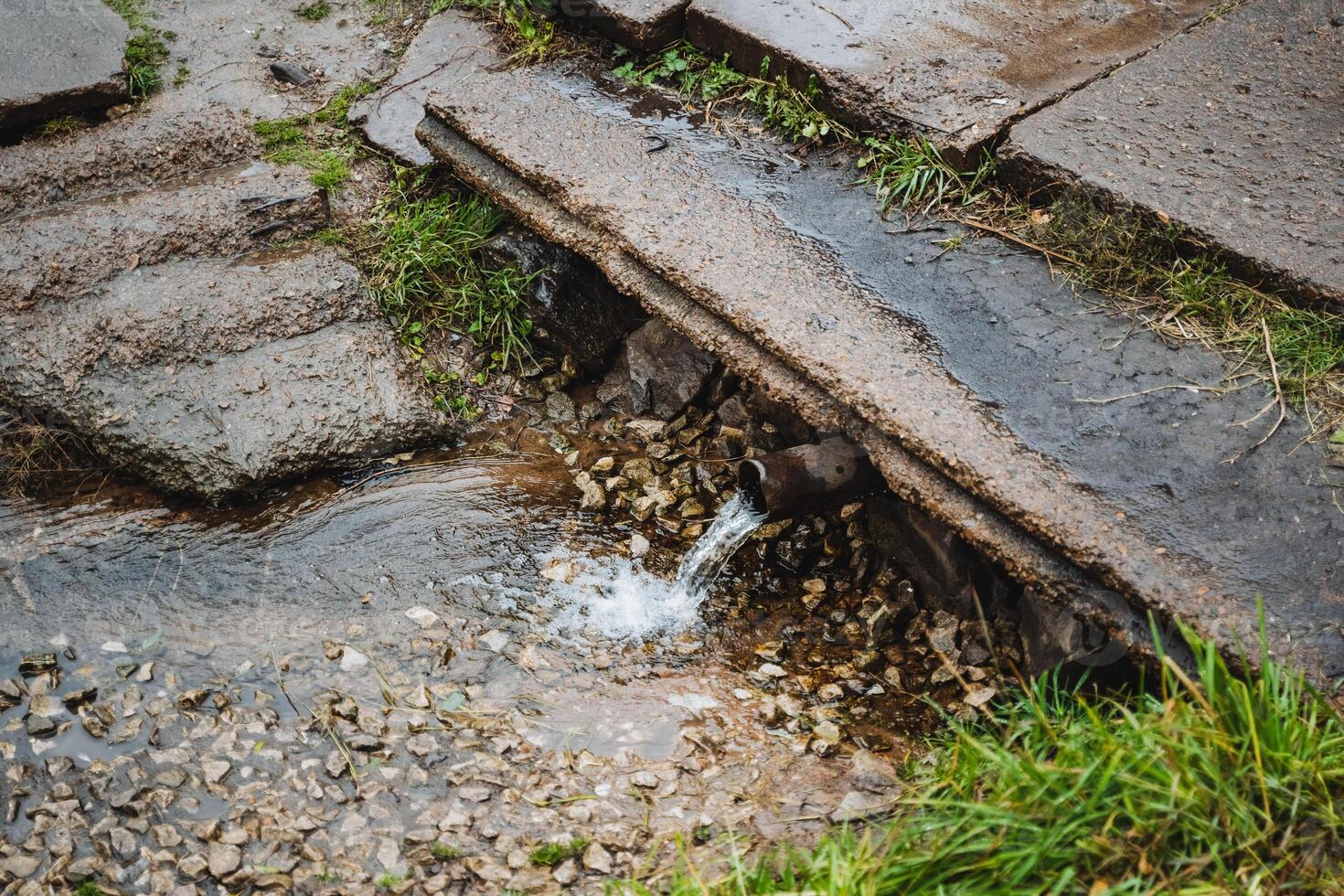 Natural spring water gracefully flowing through a beautiful stone pathway in a lush, vibrant green landscape, perfect for exploration and relaxation photo