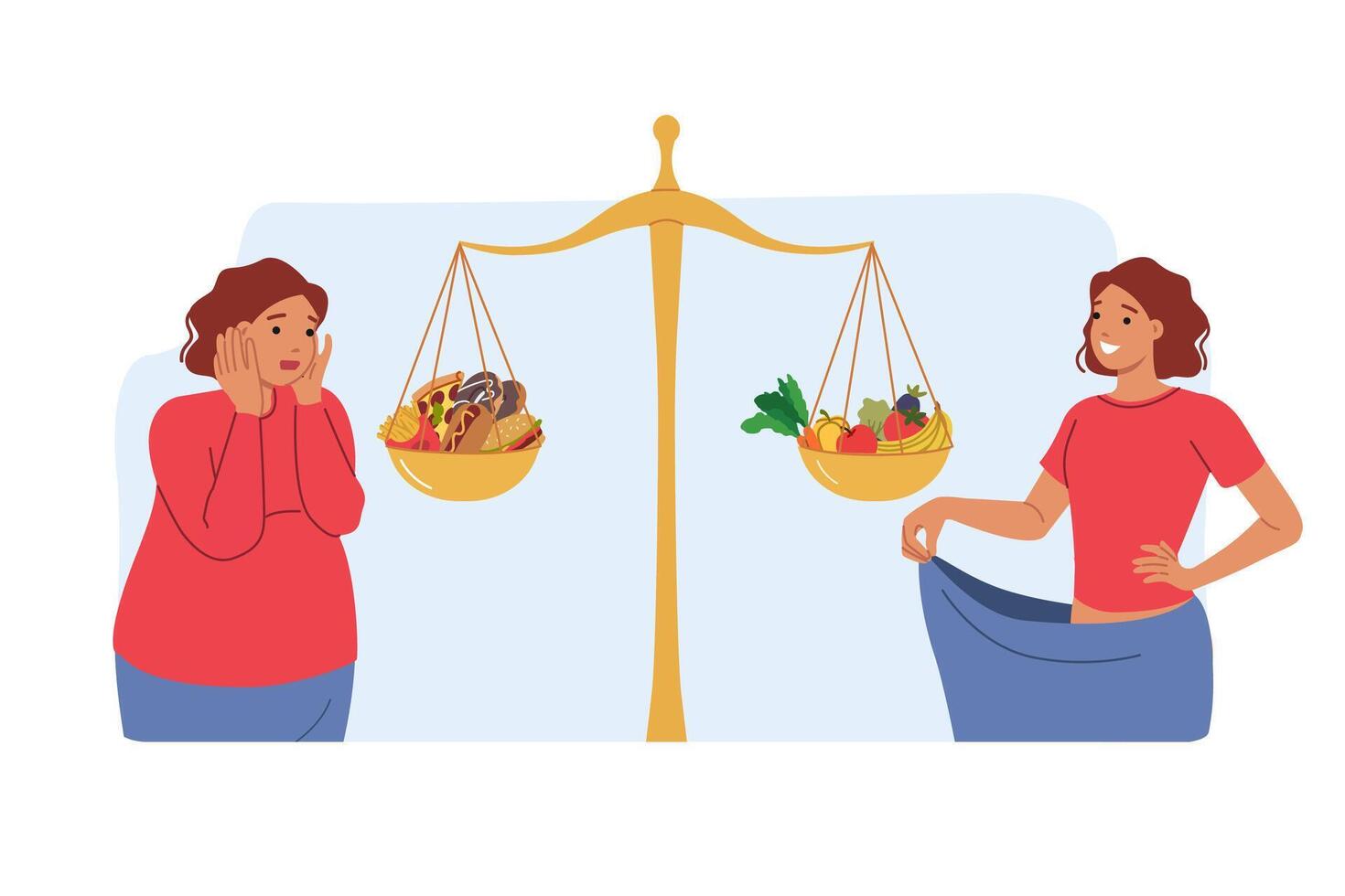 Healthy eating helped woman lose weight, standing near libra with junk food and useful fruits vector