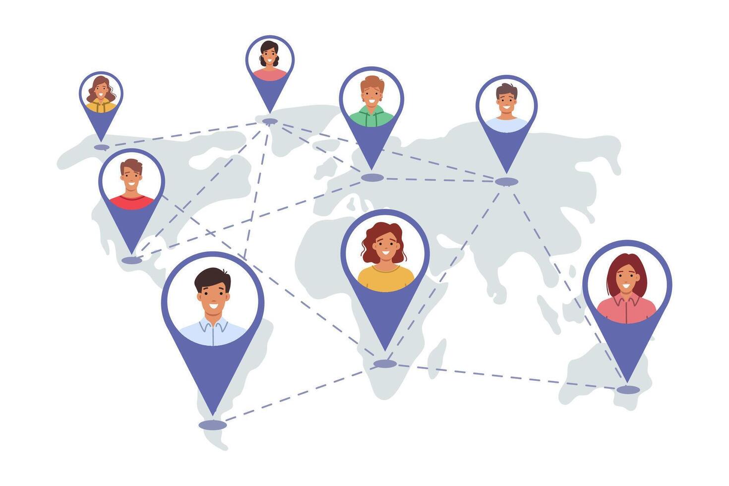International community people from different countries, marked on global map with GPS tags vector