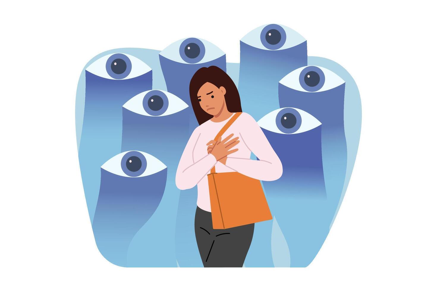 Woman feels surveillance of society, stands near giant eyes that violate personal space vector