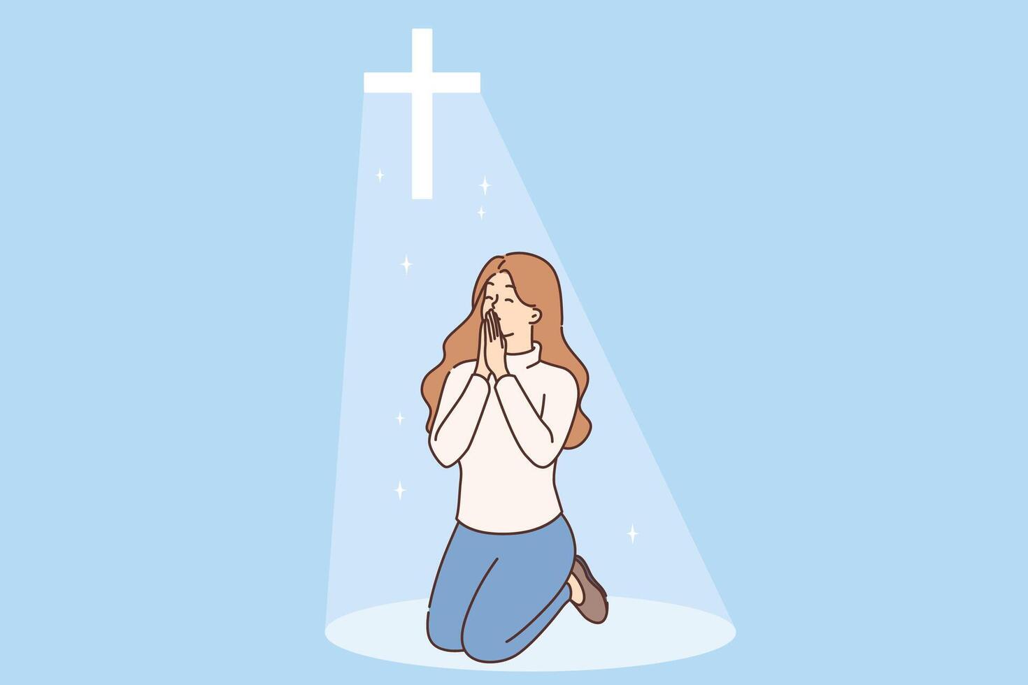 Christian woman prays on knees under religious crucifix or cross emitting bright light vector