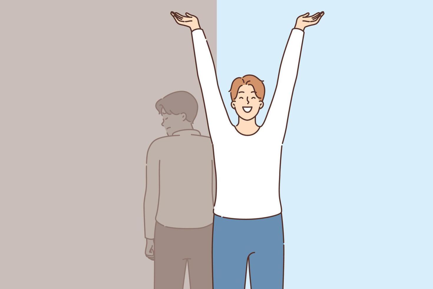Happy man celebrating recovery from depression and restoration, standing near sad shadow vector