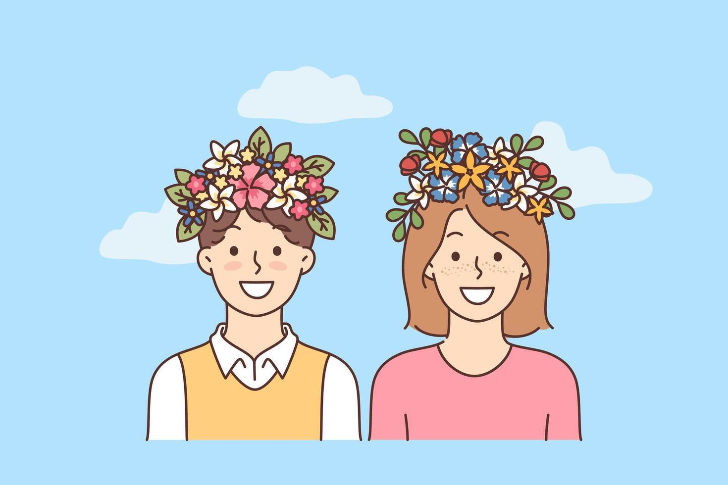 Happy children with flowers decorating heads rejoice at onset of warm days and spring season vector