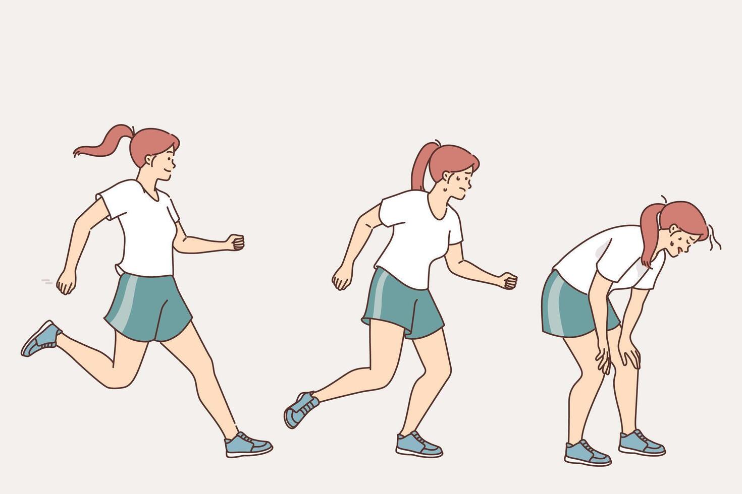 Exhausted female runner experiences difficulty breathing and lack of strength during marathon vector