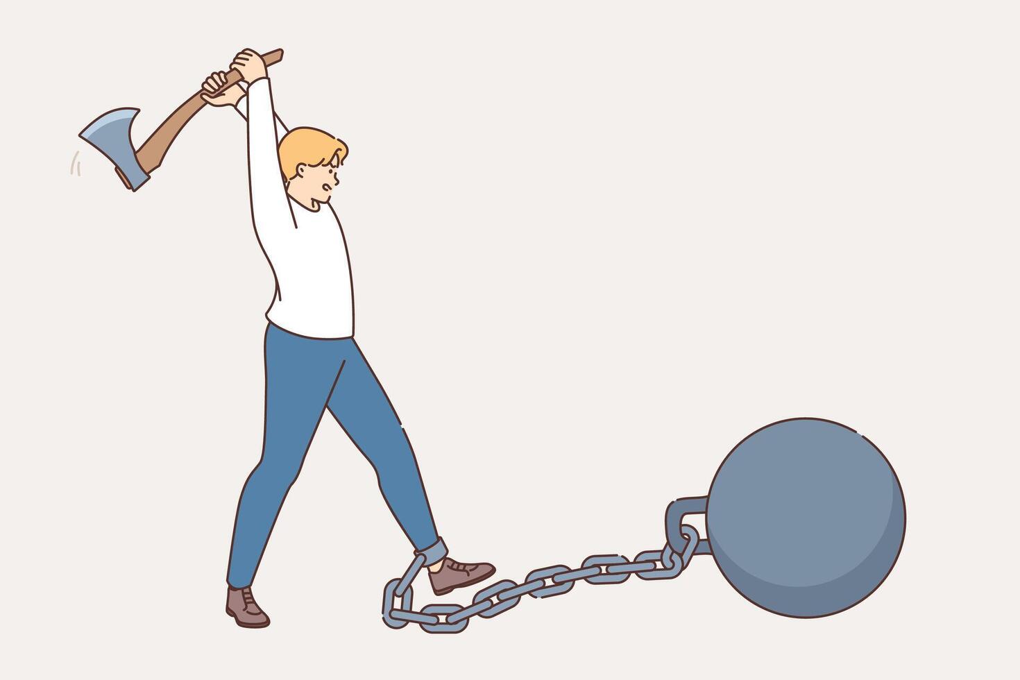 Man frees himself from shackles and burdens by cutting chain with ax to become free vector